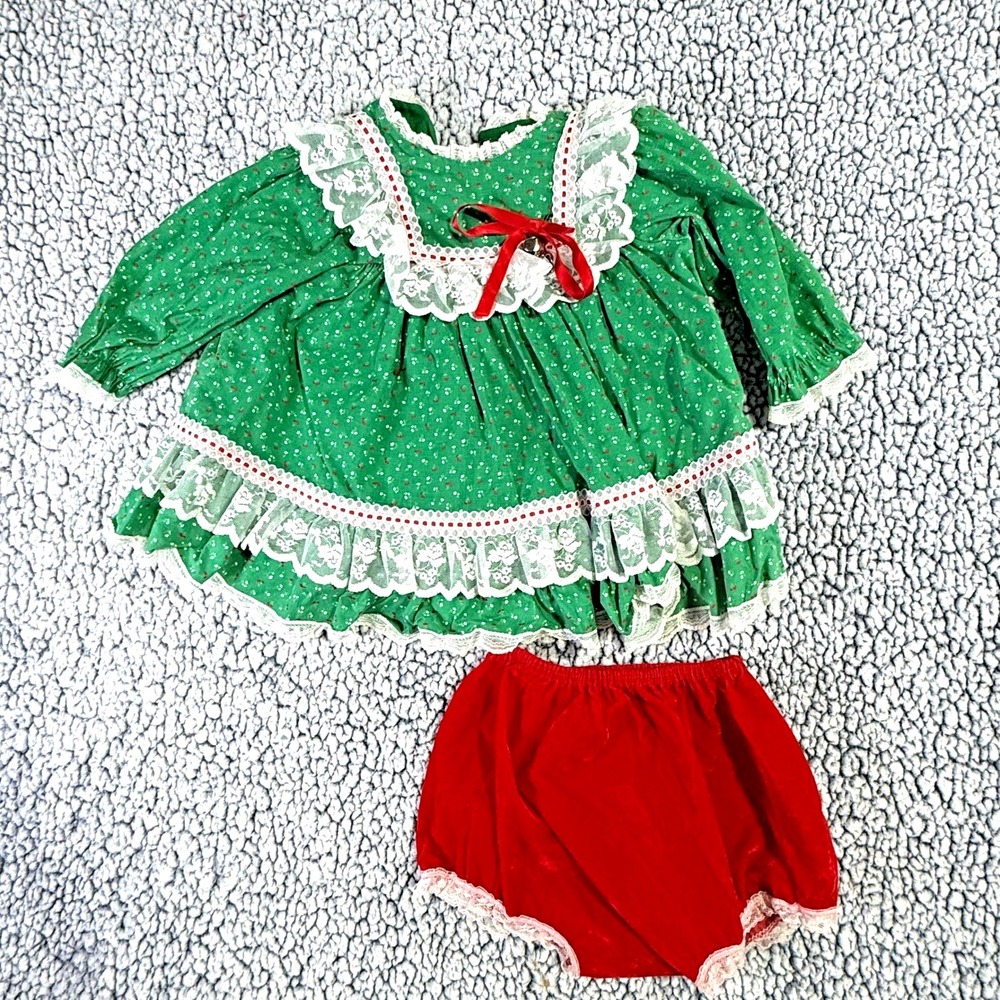 Vintage Bryan‎ Handmade Christmas Dress Bloomer Set Green Lace Red Velvet 18M